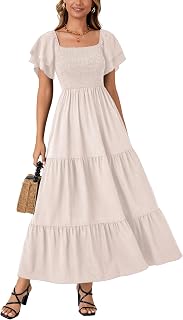 LYANER Women's Casual Summer Midi Dress Ruffle Short Sleeve Square Neck Smocked Tiered Ruffle Dresses