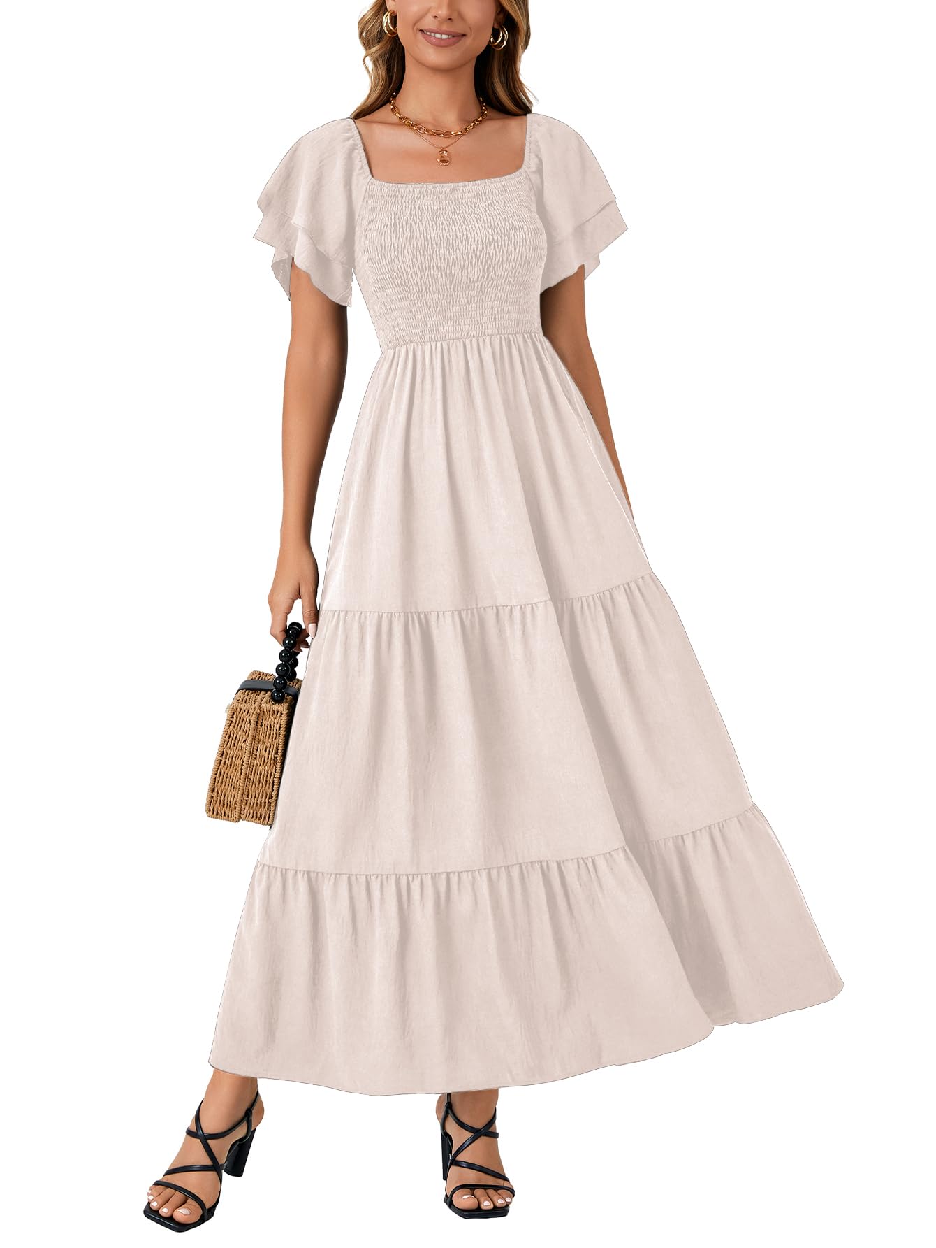 LYANER Women's Casual Summer Midi Dress Ruffle Short Sleeve Square Neck Smocked 