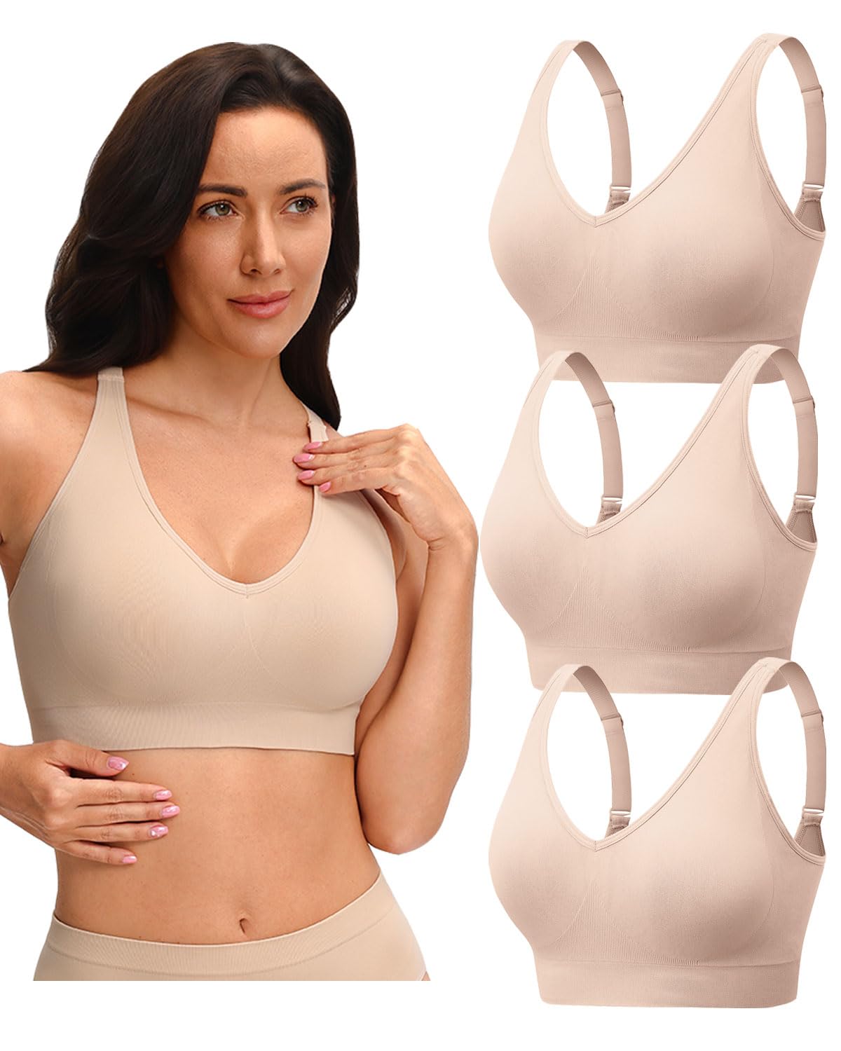 Evercute Womens V Neck Bras 3 Pack Adjustable Wireless Supportive No Underwire B