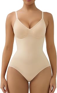 SHAPERX Women's Seamless Shapewear Tummy Control Bodysuit with Removable Pads Mid Thigh Body Shaper