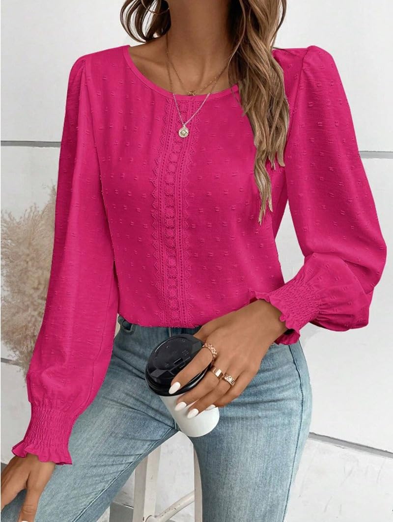 Women's Long Sleeve Shirt Swiss Dot Guipure Lace Lantern Sleeve Ruffle Casual Bl