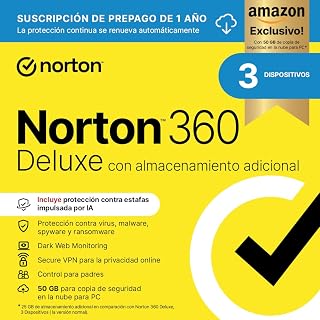 Norton 360 Deluxe Exclusivo Amazon*|Antivirus 3 Dispositivos|1 año con renovación automática| Descarga digital