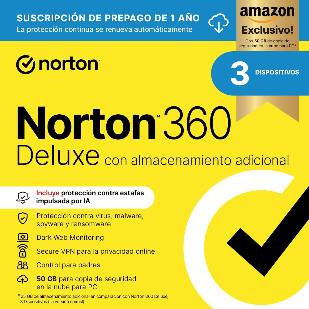 Norton 360 Deluxe Exclusivo Amazon*|Antivirus 3 Dispositivos|1 año con renovació
