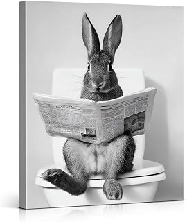 Funny Bunny Easter Bathroom Wall Art Decor Rabbit on Toilet Print Picture Black and White Bathroom Wall Decor 8x10 Inch Canvas Framed