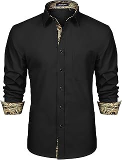 HISDERN Men's Inner Contrast Shirt Casual Formal Classic Button Down Dress Shirts Long Sleeve Plaid Collar Regular Fit