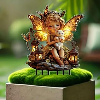 2PCS Fairy Garden Signs with Stake 2D Acrylic Plates Elf Fairies with Lanterns Garden Accessories Outdoor Indoor Potted Plants Lawn