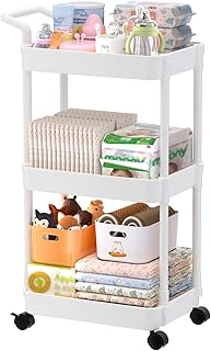 Volnamal Diaper Caddy, 3 Tier Rolling Cart for Baby Essentials, Off-White | Movable &amp; Easy Assemble Cart for Newborn Nursery Essentials, Diaper Storage Organizer for Changing Table&amp;Crib, Baby Registry
