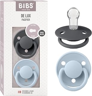 BIBS Pacifiers x De Lux Collection | Set of 2 BPA-Free Baby Pacifiers | Made in Denmark (Iron/Baby Blue | 0-36 Months)