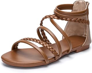 youngshow Women's Braided Strappy Sandals - Open Toe Dressy Gladiator Flat Sandals with Back Zipper, Casual Summer Beach Shoes