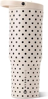 HydroJug Polka Dot Sport 32 oz Insulated Water Bottle, French Vanilla | Triple wall insulated, circular flip straw, leak-resistant, swivel handle, removable rubber boot, BPA-free, Polka Dot