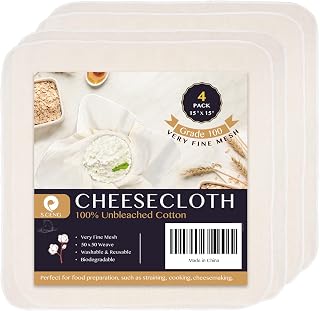 Precut Cheesecloth, 15 x 15'' 4 Pack, Grade 100, Ultra Fine Cheese Cloth for Straining & Cooking, 100% Unbleached Cotton Muslin Cloth for Making Cheese