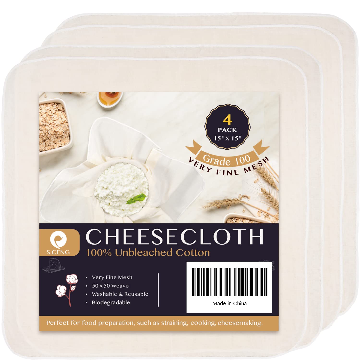 Precut Cheesecloth, 15 x 15'' 4 Pack, Grade 100, Ultra Fine Cheese Cloth for Str