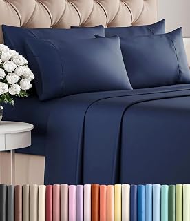 King 6 Piece Bed Sheet Set - Comfy, Breathable & Cooling Sheets - Navy Blue
