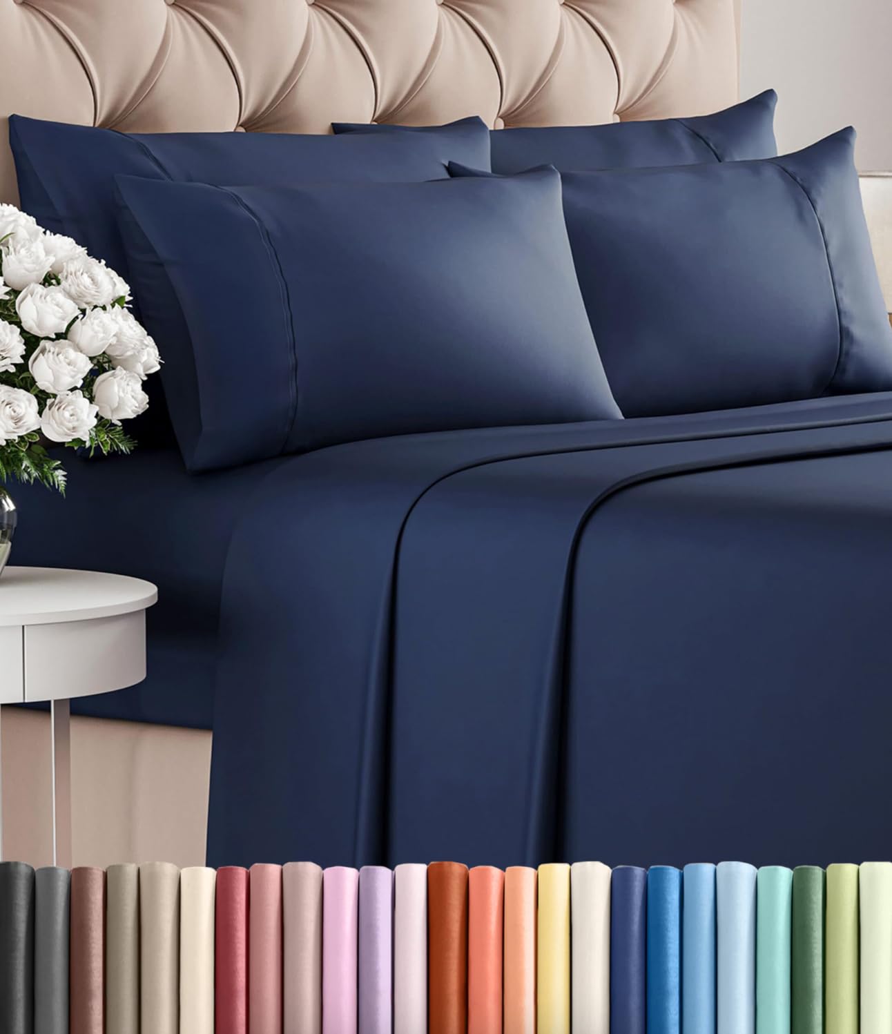King 6 Piece Bed Sheet Set - Comfy, Breathable & Cooling Sheets - Navy Blue
