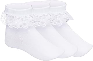 Pistha 3 Pairs Girls Ruffle Socks White Ruffled Lace Socks | Cute Cotton Girls Socks for Girls Toddler Frilly Dress Princess and School Uniforms