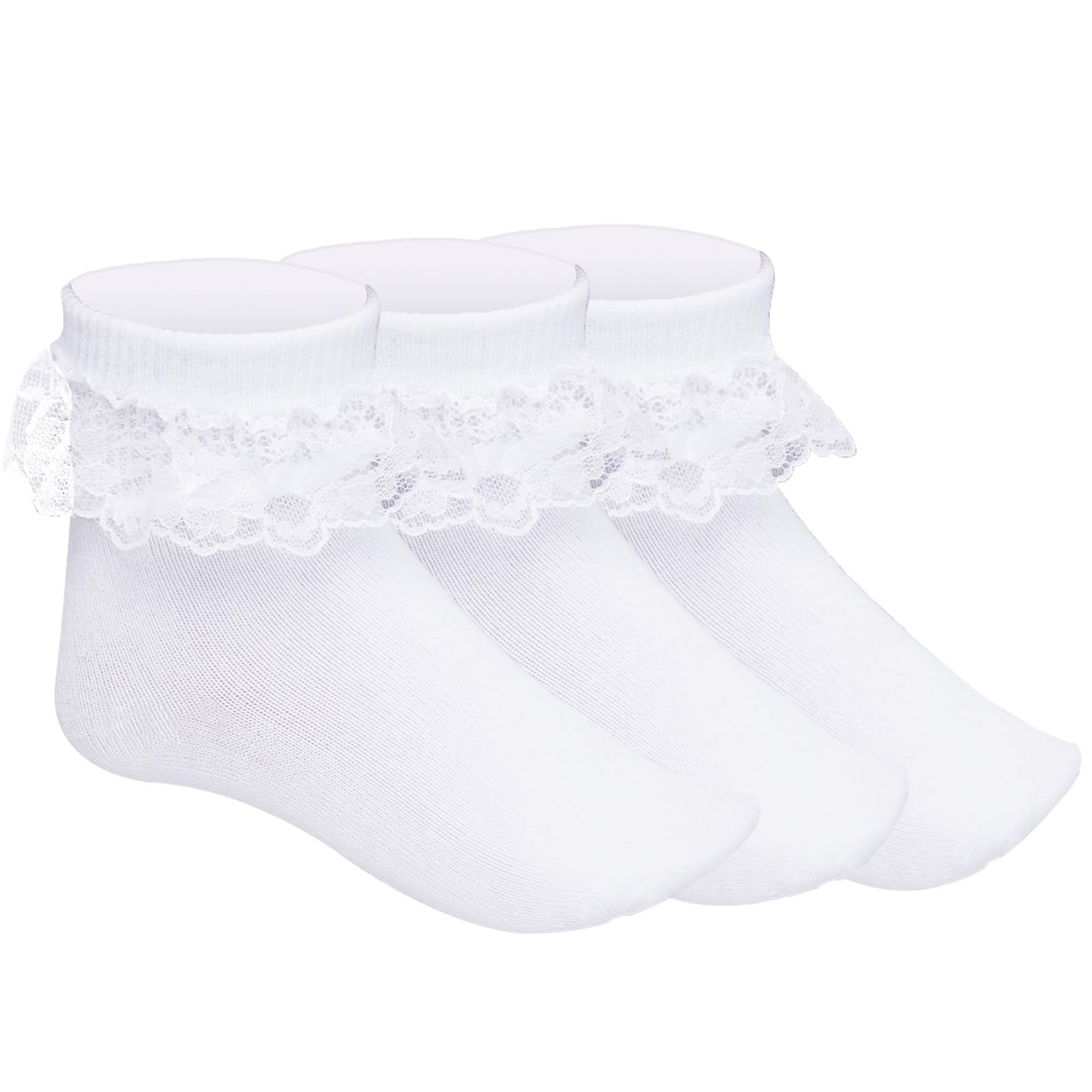Pistha 3 Pairs Girls Ruffle Socks White Ruffled Lace Socks | Cute Cotton Girls S