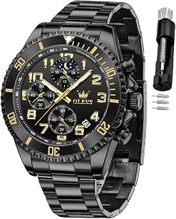 OLEVS Luxury Mens Chronograph Lunar Phase Two Tone Stainless Steel Waterproof Luminous Business Calendar