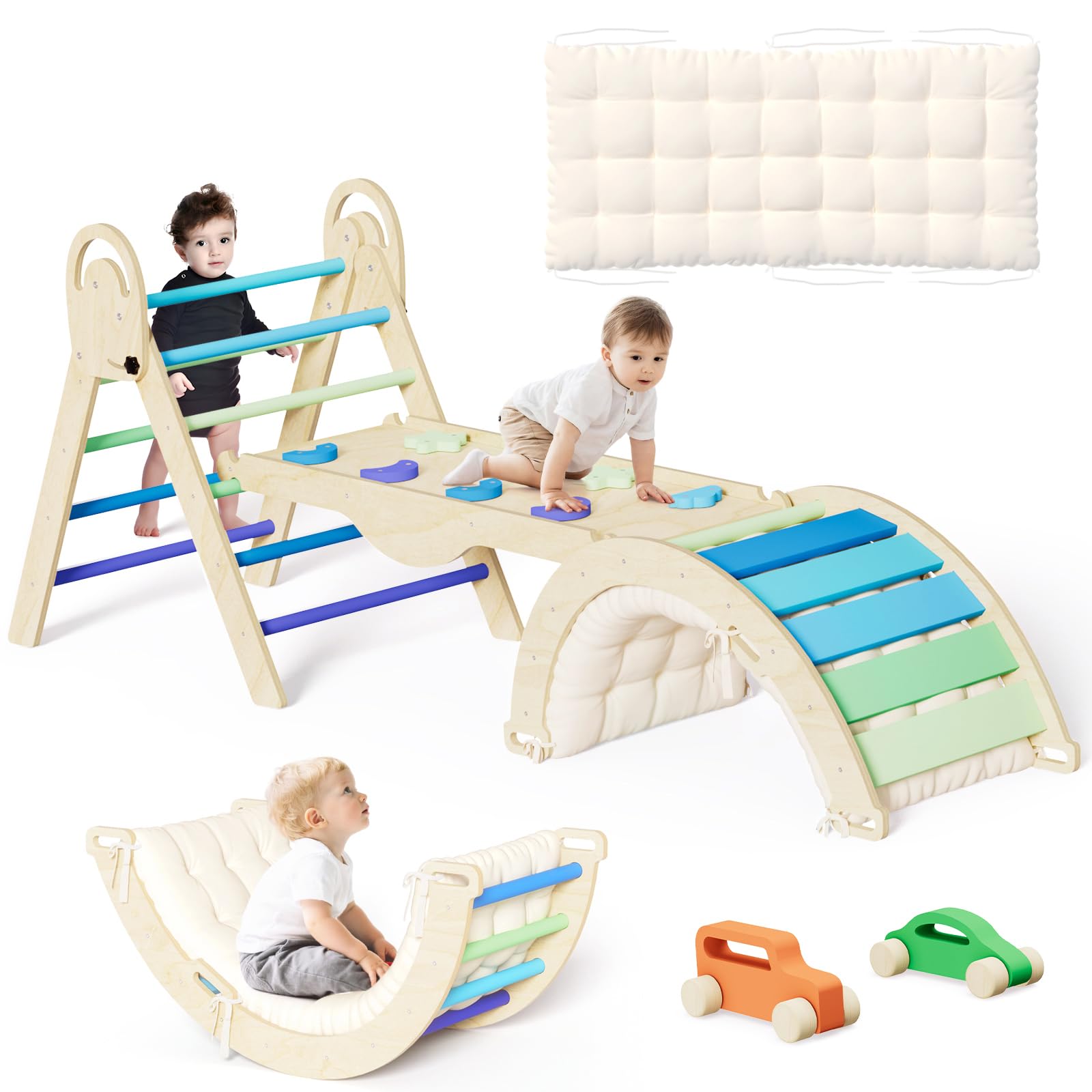 ElegantCrafts Pikler Triangle Set with Cushion, Montessori Climbing Set, Indoor 