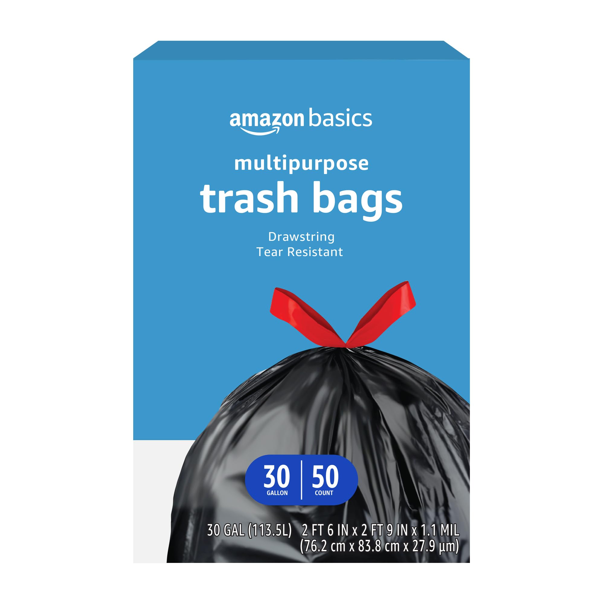 Amazon Basics Multipurpose Drawstring Trash Bags, 30 Gallon Capacity, Tear Resis