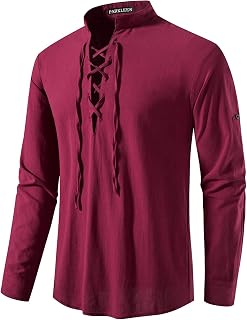 PARKLEES Men's Retro Cotton Casual Shirt Long Sleeve Lace Up Shirts Medieval Viking Pirate Costume Halloween