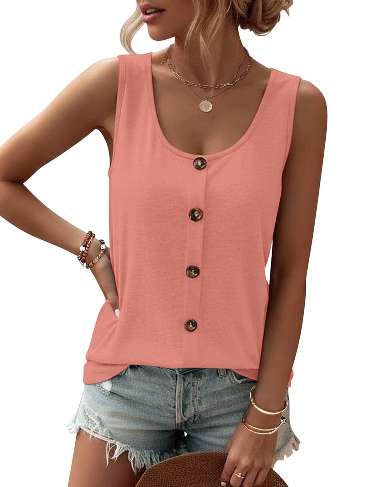 TICTICMIMI Women Tank Tops Buttons Sleeveless Summer Scoop Neck Shirt