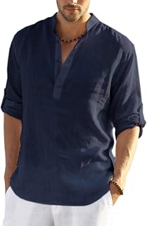 COOFANDY Men's Long Sleeve Henley Shirt Linen Shirt Cotton Casual Summer Shirt Regular Fit