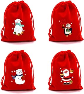 4PCS Christmas Gift Bags, Small Christmas Gift Bags, Small Christmas Party Bags, Candy Cookies, Red Velvet Bags 5" x 7"-32