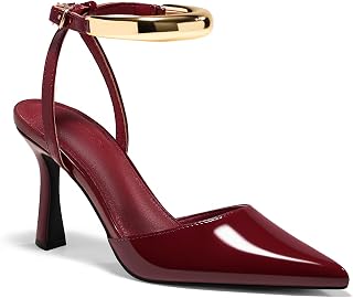 Coutgo Zapatos de vestir de fiesta de metal con tiras y correa al tobillo para mujer