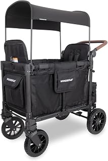 WonderFold W2 Luxe Pro Stroller Wagon, Aluminum Frame, 2 Seater, Jet Black | Collapsible Stroller Wagon with an Adjustable Canopy &amp; Push Handle, XL All-Terrain Wheels &amp; 5-Point Harnesses for Kids