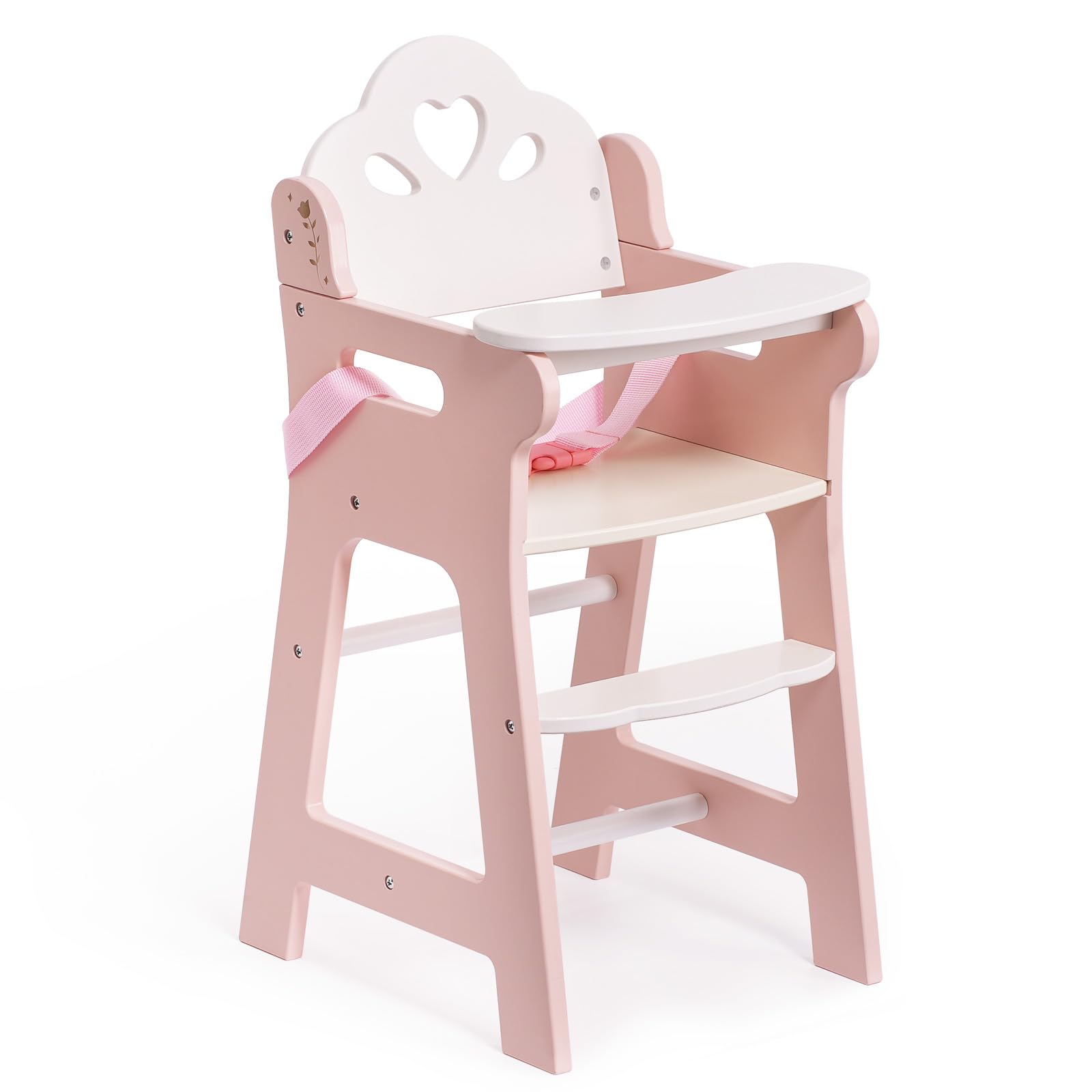 ROBOTIME Baby Doll High Chair With Safety Belt and Footrest, Wooden Accessories,