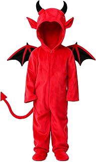 Toddler Halloween Devil Jumpsuits Flannel Front Zipper Hooded Devil Onesie | Kids Baby Footed Halloween Party One Piece Rompers Clothes with Wing Long Sleeve Jumpsuits
