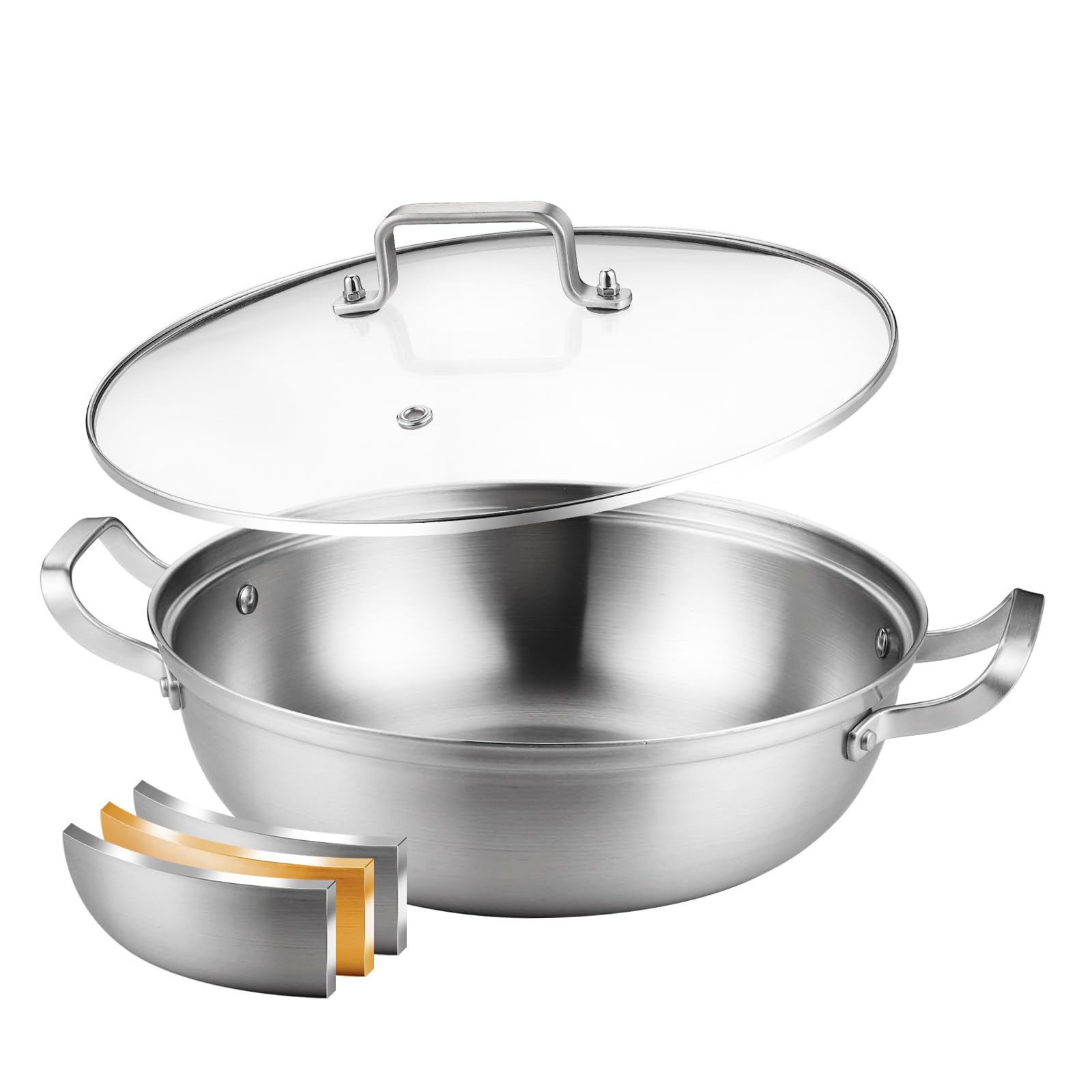 Delarlo Stainless Steel 3-Layer 28cm Uncoated Saucepan with Glass Lid, Kitchen F