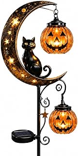 Solar Halloween Black Cat & Pumpkin Moon Garden Stake Light, Outdoor Waterproof LED Yard Decoration with Crescent Moon Hanging Jack-o'-Lantern Lantern Halloween Solar Lights for Garden Lawn(C