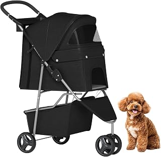 BestPet | 3-Wheel Pet Stroller | Dog and Cat Stroller | Breathable Mesh | Lightweight Travel Carrier | Waterproof & Foldable Design | Storage Basket | Black | for Daily Walks & Outdoor Use