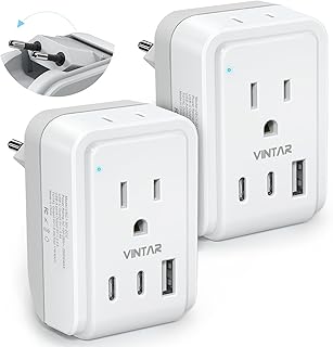 VINTAR 2 Pack European Travel Plug Adapter, Type C Foldable Power Adaptor | 2 AC Outlets 3 USB Charging Ports(2 USB C), International Power Adapter for US to Most Europe EU, Not a Voltage Converter
