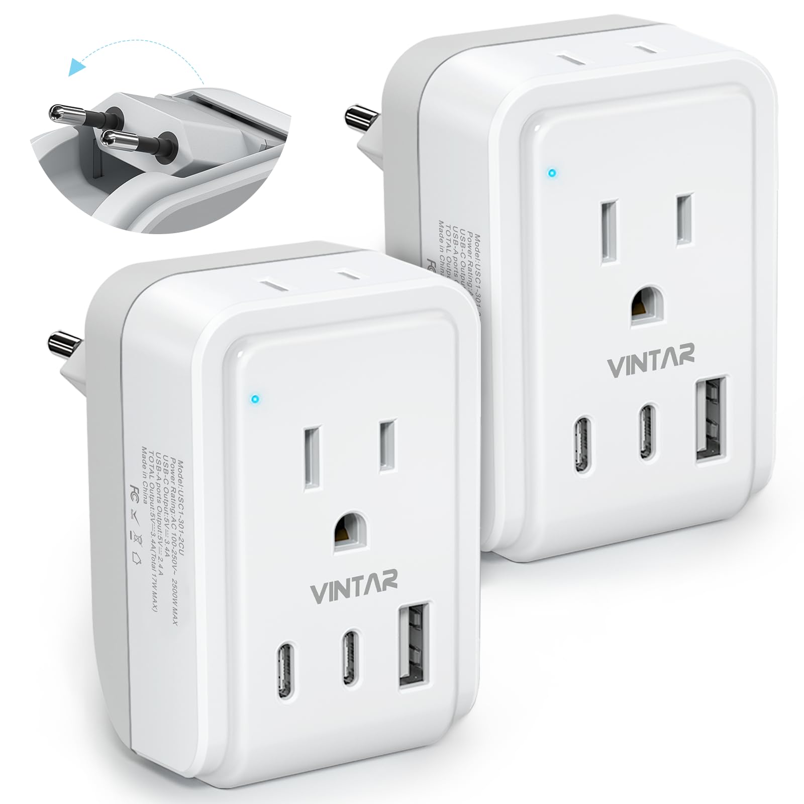 VINTAR 2 Pack European Travel Plug Adapter, Type C Foldable Power Adaptor | 2 AC