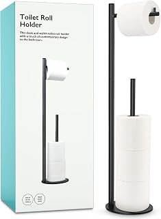 Toilet Paper Holder Stand, Bathroom Free Standing with Storage, Black | Rustproof Toilet Paper Roll Holder for 4 Rolls,with Non-Slip Stable Base,Bathroom Organizers and Storage