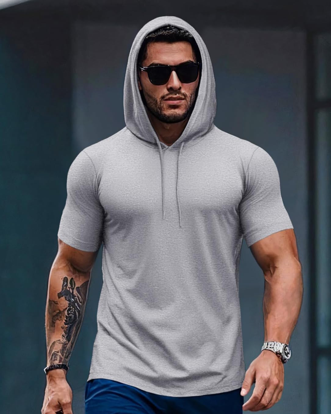 Men's Hooded Sweatshirt Short Sleeve Lightweight Hooded Summer Cotton Training T