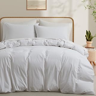 LOVQUE 100% Washed Cotton Duvet Cover, White, Queen Size, 90x90 Inches | Breathable, Linen-like, Natural Bedding Set with Zipper Closure, Corner Ties, 1 Cover + 2 Pillowcases, No Comforter