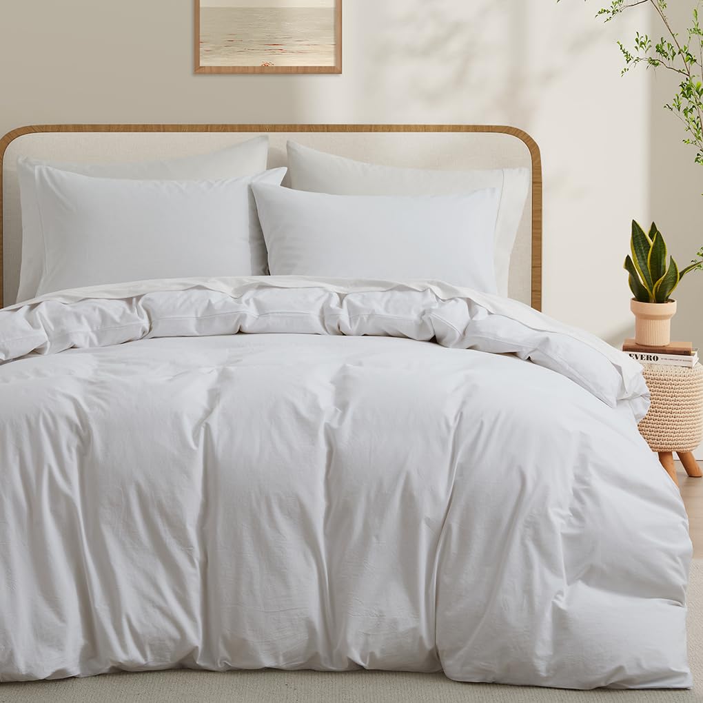 LOVQUE 100% Washed Cotton Duvet Cover, White, Queen Size, 90x90 Inches | Breatha