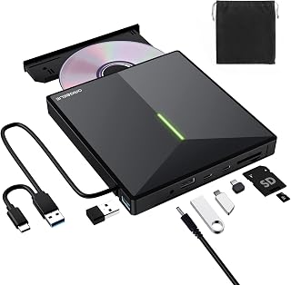 ORIGBELIE External CD/DVD Drive for Laptop, 4 USB Ports & 2 SD/TF Slots | USB 3.0 & Type C DVD Player, Portable CD/DVD +/-RW Drive Burner Reader Writer for Desktop PC Windows 11/10/8/7 Linux Mac OS