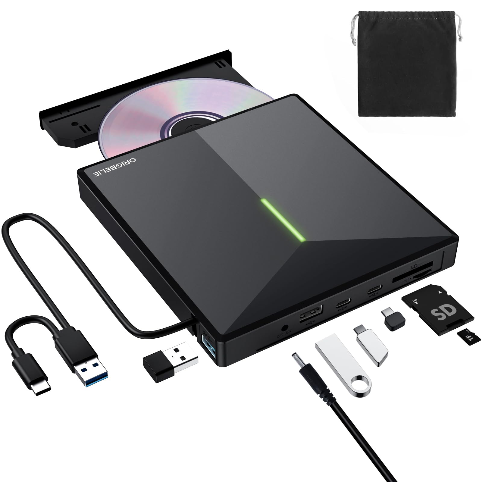 ORIGBELIE External CD/DVD Drive for Laptop, 4 USB Ports & 2 SD/TF Slots | USB 3.