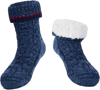 LEMZONE Men's Warm Slipper Socks Non Slip Thick Fleece Grip Cabin Socks
