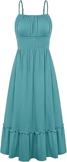 GRACE KARIN Women's Summer Maxi Dress Casual Sleeveless Spaghetti Strap Smocked Ruffle A Line Beach Long Dress with Pockets, Blue And Green, XL