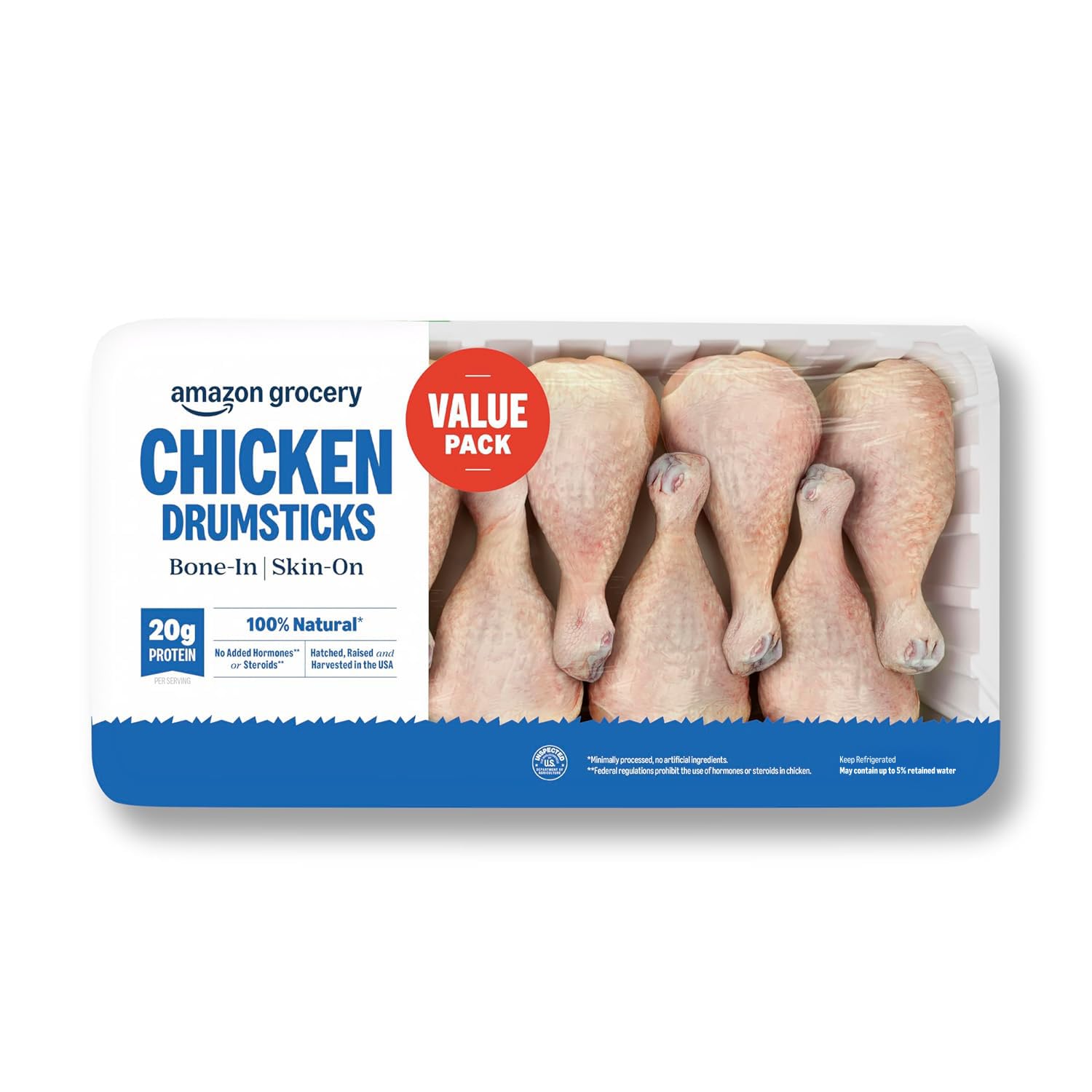 Amazon Grocery, Chicken Drumsticks Value Pack, Bone-In Skin-On, 100% Natural, We