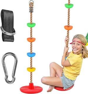 WAREMAID Climbing Rope Tree Swing with Platforms and Disc Swings Seat, Outdoor Backyard Playground Swingset Accessories with 59" Tree Swing Strap and Snap Hooks for Kid, Outside Tree Swing Set