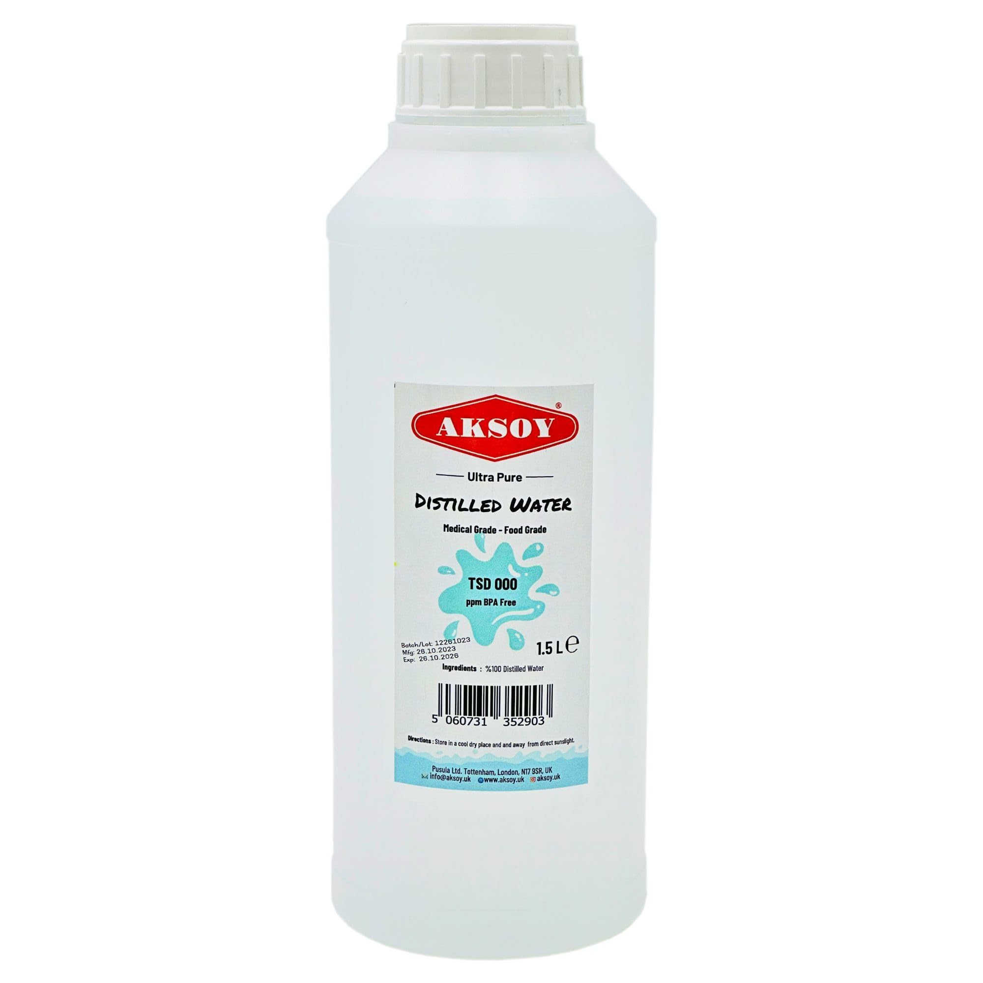 Aksoy Distilled Water - 100% Ultra Pure Water 1.5L - Deionized & Demineralized -