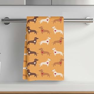 Cute Dachshund & Heart Printed Kitchen Towel 14x24 inch, Absorbent Microfiber Decorative Cloth Tea Towel, Kitchen Home Bathroom, Dog Lover Gift 1