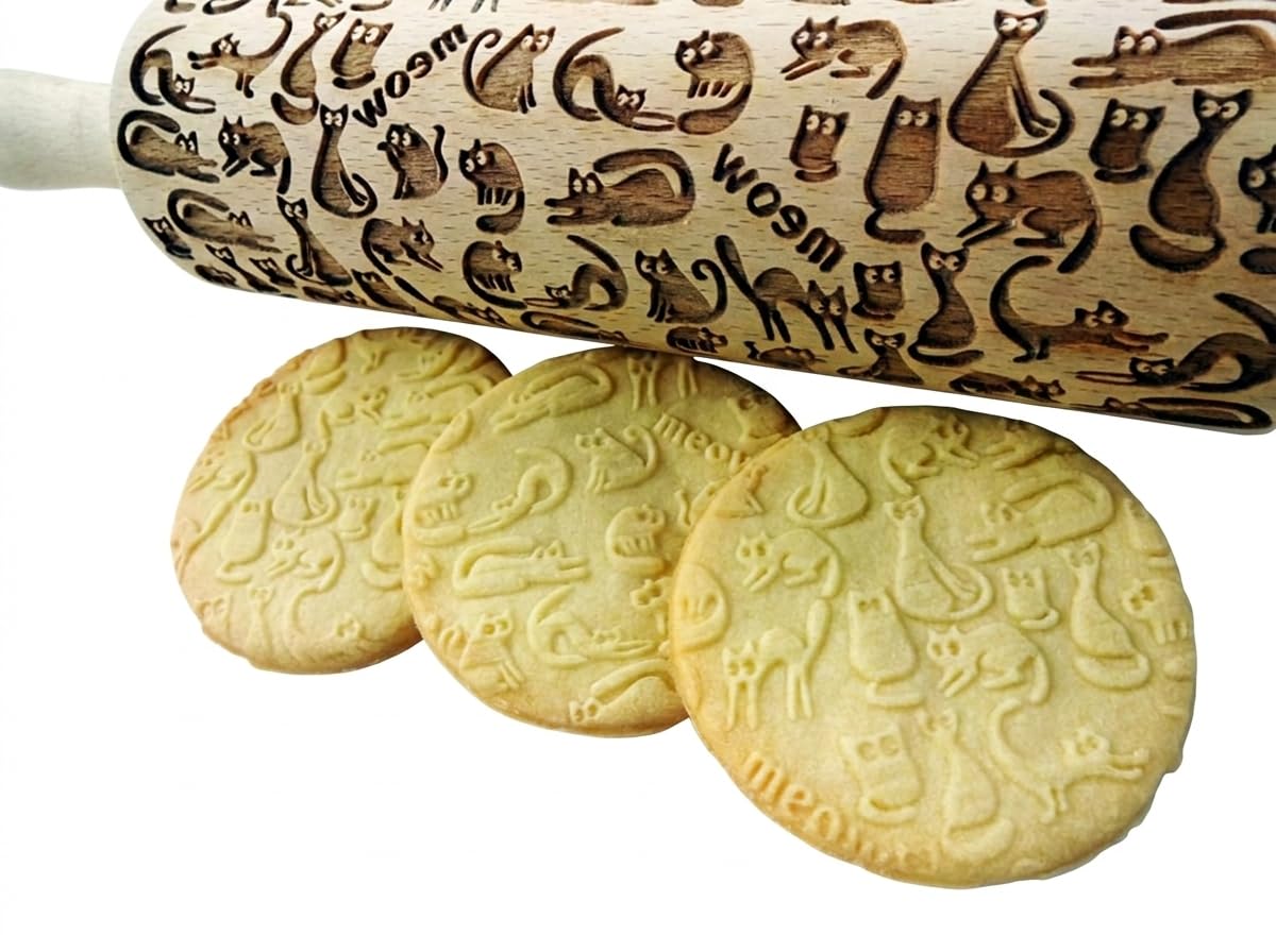 Meow Cats Embossing Rolling pin. Wooden Embossing Rolling pin with Cats. Gift fo