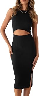 PRETTYGARDEN Women's Summer Midi Bodycon Dress Casual Crew Neck Side Slit Sleeveless Knit Cut Out Tank Top Dress